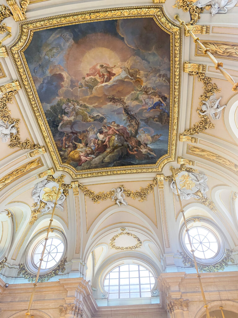 ornate ceiling inside the Royal Palace of Madrid